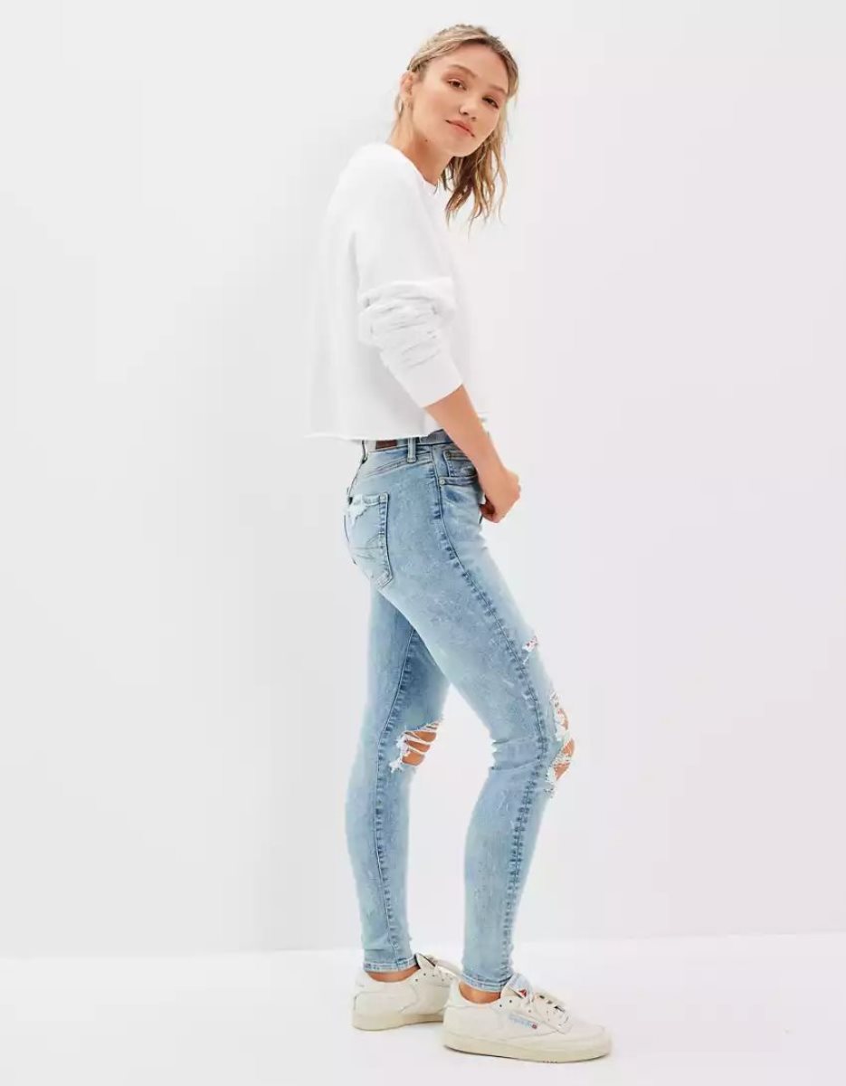 Jean American Eagle AE Lu(x)e Ripped High-Waisted Jegging Bleu Blanche Femme | DGO-34800973